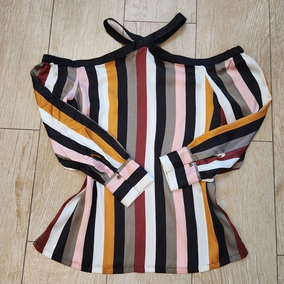 LOFT Off The Shoulder Long Sleeve Blouse Top Striped Halter Neck - Picture 3 of 12